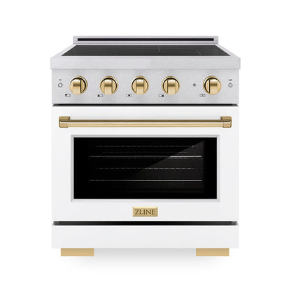 ZLINE Autograph Edition 30" 4.2 cu. ft. Paramount Induction Range with 4 Element Cooktop and Electric Convection Oven in Satin Stainless Steel with White Matte Door and Polished Gold Accents, SINRSZ-WM-30-G