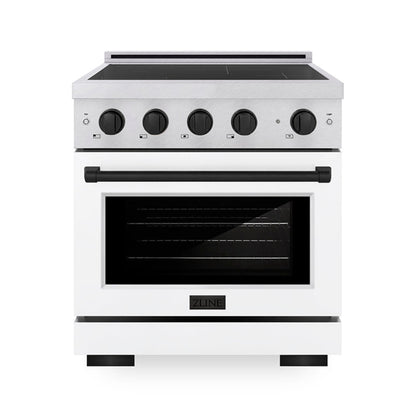 ZLINE Autograph Edition 30" 4.2 cu. ft. Paramount Induction Range with 4 Element Cooktop and Electric Convection Oven in Satin Stainless Steel with White Matte Door and Matte Black Accents, SINRSZ-WM-30-MB
