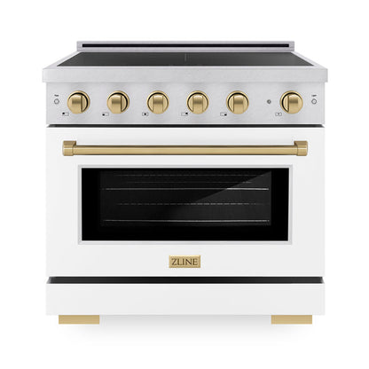 ZLINE Autograph Edition 36" 5.2 cu. ft. Paramount Induction Range with 5 Element Cooktop and Electric Convection Oven in Satin Stainless Steel with White Matte Door and Champagne Bronze Accents, SINRSZ-WM-36-CB