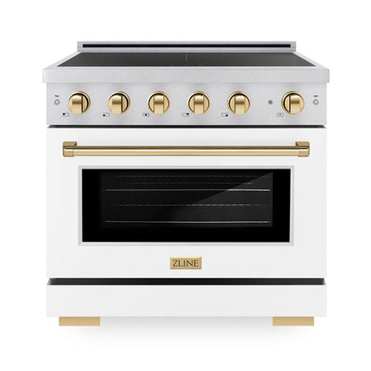 ZLINE Autograph Edition 36" 5.2 cu. ft. Paramount Induction Range with 5 Element Cooktop and Electric Convection Oven in Satin Stainless Steel with White Matte Door and Polished Gold Accents, SINRSZ-WM-36-G