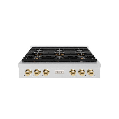 ZLINE Autograph 36" Paramount Gas Rangetop with 6 Burner DuoPro™ Cooktop in Satin Stainless Steel and Polished Gold Accents, PSRTSZ-36-G