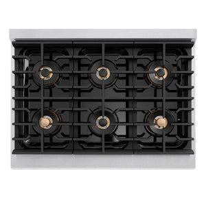 ZLINE Autograph 36" Paramount Gas Rangetop with 6 Burner DuoPro™ Cooktop in Satin Stainless Steel and Polished Gold Accents, PSRTSZ-36-G