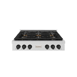 ZLINE Autograph 36" Paramount Gas Rangetop with 6 Burner DuoPro™ Cooktop in Satin Stainless Steel and Matte Black Accents, PSRTSZ-36-MB