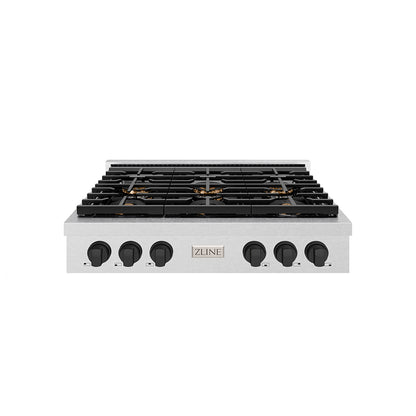 ZLINE Autograph 36" Paramount Gas Rangetop with 6 Burner DuoPro™ Cooktop in Satin Stainless Steel and Matte Black Accents, PSRTSZ-36-MB