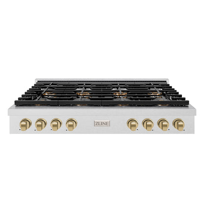 ZLINE Autograph 48" Paramount Gas Rangetop with 8 Burner DuoPro™ Cooktop in Satin Stainless Steel and Champagne Bronze Accents, PSRTSZ-48-CB