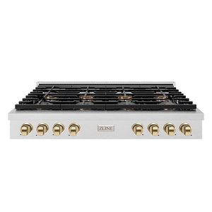 ZLINE Autograph 48" Paramount Gas Rangetop with 8 Burner DuoPro™ Cooktop in Satin Stainless Steel and Polished Gold Accents, PSRTSZ-48-G