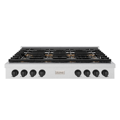 ZLINE Autograph 48" Paramount Gas Rangetop with 8 Burner DuoPro™ Cooktop in Satin Stainless Steel and Matte Black Accents, PSRTSZ-48-MB