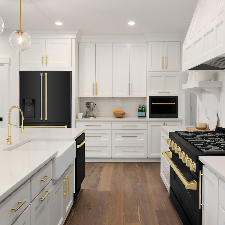 White appliances on sale with bronze handles