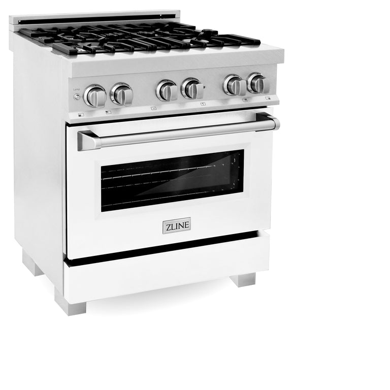 ZLINE 30" 4.0 cu. ft. Gas Burner, Electric Oven with Griddle and White Matte Door in DuraSnow® Stainless Steel, RAS-WM-GR-30