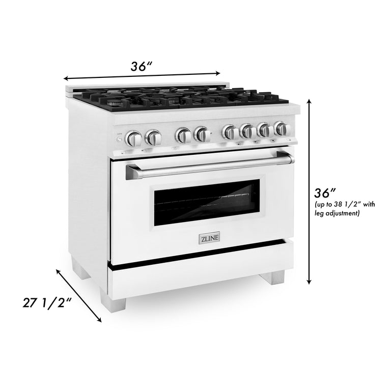 ZLINE Kitchen and Bath 36 in. Professional Gas Burner/Electric Oven in DuraSnow® Stainless with White Matte Door, RAS-WM-36