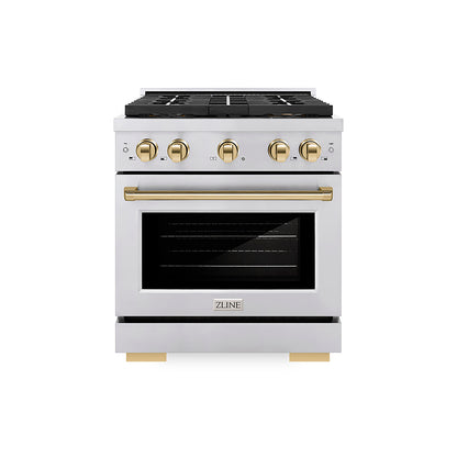 ZLINE Autograph Edition 30" 4.2 cu. ft. Paramount Dual Fuel Range with 4 Burner DuoPro™ Cooktop and Electric Convection Oven in Stainless Steel with Polished Gold Accents, PSDRZ-30-G