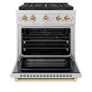 ZLINE Autograph Edition 30" 4.2 cu. ft. Paramount Dual Fuel Range with 4 Burner DuoPro™ Cooktop and Electric Convection Oven in Stainless Steel with Polished Gold Accents, PSDRZ-30-G