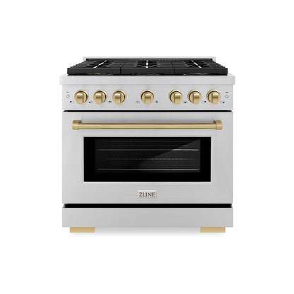 ZLINE Autograph 36" 5.2 cu. ft. Paramount Dual Fuel Range with 6 Burner DuoPro™ Cooktop and Electric Convection Oven in Stainless Steel and Champagne Bronze Accents, PSDRZ-36-CB