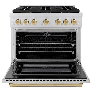 ZLINE Autograph 36" 5.2 cu. ft. Paramount Dual Fuel Range with 6 Burner DuoPro™ Cooktop and Electric Convection Oven in Stainless Steel and Champagne Bronze Accents, PSDRZ-36-CB