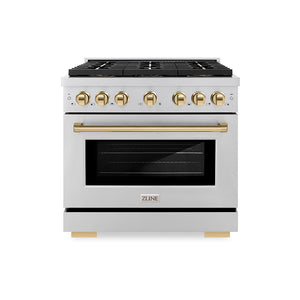 ZLINE Autograph 36" 5.2 cu. ft. Paramount Dual Fuel Range with 6 Burner DuoPro™ Cooktop and Electric Convection Oven in Stainless Steel and Polished Gold Accents, PSDRZ-36-G