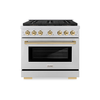 ZLINE Autograph 36" 5.2 cu. ft. Paramount Dual Fuel Range with 6 Burner DuoPro™ Cooktop and Electric Convection Oven in Stainless Steel and Polished Gold Accents, PSDRZ-36-G