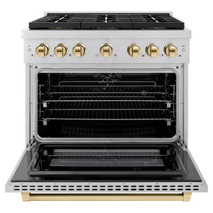 ZLINE Autograph 36" 5.2 cu. ft. Paramount Dual Fuel Range with 6 Burner DuoPro™ Cooktop and Electric Convection Oven in Stainless Steel and Polished Gold Accents, PSDRZ-36-G