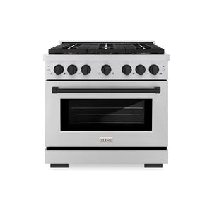 ZLINE Autograph 36" 5.2 cu. ft. Paramount Dual Fuel Range with 6 Burner DuoPro™ Cooktop and Electric Convection Oven in Stainless Steel and Matte Black Accents, PSDRZ-36-MB