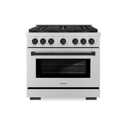 ZLINE Autograph 36" 5.2 cu. ft. Paramount Dual Fuel Range with 6 Burner DuoPro™ Cooktop and Electric Convection Oven in Stainless Steel and Matte Black Accents, PSDRZ-36-MB