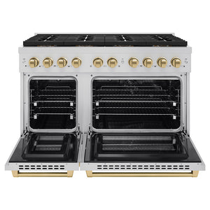 ZLINE Autograph 48" 6.7 cu. ft. Paramount Dual Fuel Range with 8 Burner DuoPro™ Cooktop and Dual Ovens in Stainless Steel and Champagne Bronze Accents, PSDRZ-48-CB