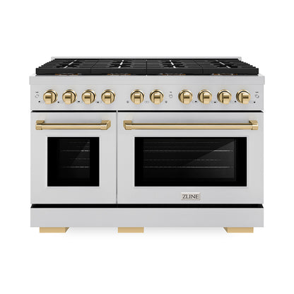 ZLINE Autograph 48" 6.7 cu. ft. Paramount Dual Fuel Range with 8 Burner DuoPro™ Cooktop and Dual Ovens in Stainless Steel and Polished Gold Accents, PSDRZ-48-G