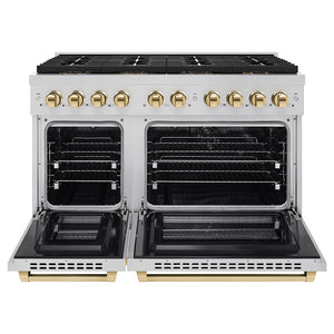 ZLINE Autograph 48" 6.7 cu. ft. Paramount Dual Fuel Range with 8 Burner DuoPro™ Cooktop and Dual Ovens in Stainless Steel and Polished Gold Accents, PSDRZ-48-G