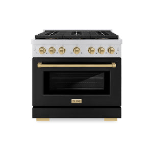 ZLINE Autograph 36" 5.2 cu. ft. Paramount Dual Fuel Range with 6 Burner DuoPro™ Cooktop and Electric Convection Oven with Black Matte Door and Champagne Bronze Accents, PSDRZ-BLM-36-CB