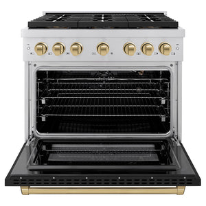 ZLINE Autograph 36" 5.2 cu. ft. Paramount Dual Fuel Range with 6 Burner DuoPro™ Cooktop and Electric Convection Oven with Black Matte Door and Champagne Bronze Accents, PSDRZ-BLM-36-CB