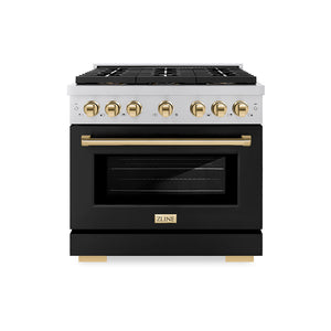 ZLINE Autograph 36" 5.2 cu. ft. Paramount Dual Fuel Range with 6 Burner DuoPro™ Cooktop and Electric Convection Oven with Black Matte Door and Polished Gold Accents, PSDRZ-BLM-36-G