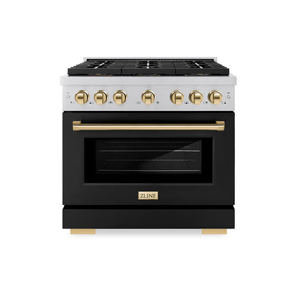 ZLINE Autograph 36" 5.2 cu. ft. Paramount Dual Fuel Range with 6 Burner DuoPro™ Cooktop and Electric Convection Oven with Black Matte Door and Polished Gold Accents, PSDRZ-BLM-36-G