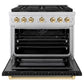 ZLINE Autograph 36" 5.2 cu. ft. Paramount Dual Fuel Range with 6 Burner DuoPro™ Cooktop and Electric Convection Oven with Black Matte Door and Polished Gold Accents, PSDRZ-BLM-36-G