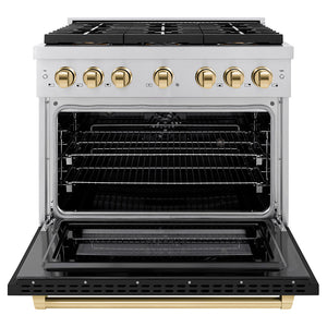 ZLINE Autograph 36" 5.2 cu. ft. Paramount Dual Fuel Range with 6 Burner DuoPro™ Cooktop and Electric Convection Oven with Black Matte Door and Polished Gold Accents, PSDRZ-BLM-36-G