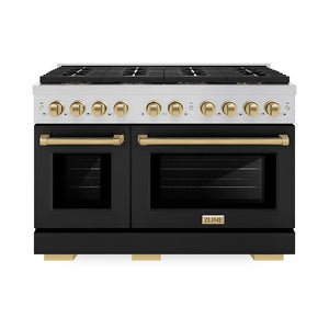 ZLINE Autograph 48" 6.7 cu. ft. Paramount Dual Fuel Range with 8 Burner DuoPro™ Cooktop and Dual Ovens with Black Matte Doors and Champagne Bronze Accents, PSDRZ-BLM-48-CB
