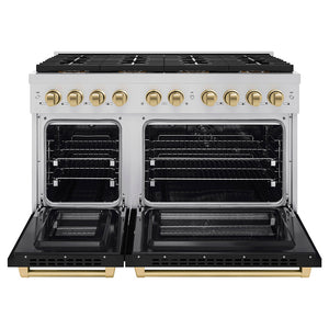 ZLINE Autograph 48" 6.7 cu. ft. Paramount Dual Fuel Range with 8 Burner DuoPro™ Cooktop and Dual Ovens with Black Matte Doors and Champagne Bronze Accents, PSDRZ-BLM-48-CB