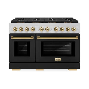 ZLINE Autograph 48" 6.7 cu. ft. Paramount Dual Fuel Range with 8 Burner DuoPro™ Cooktop and Dual Ovens with Black Matte Doors and Polished Gold Accents, PSDRZ-BLM-48-G