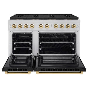 ZLINE Autograph 48" 6.7 cu. ft. Paramount Dual Fuel Range with 8 Burner DuoPro™ Cooktop and Dual Ovens with Black Matte Doors and Polished Gold Accents, PSDRZ-BLM-48-G