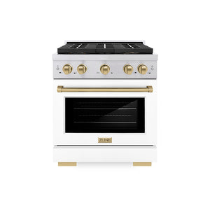 ZLINE Autograph Edition 30" 4.2 cu. ft. Paramount Dual Fuel Range with 4 Burner DuoPro™ Cooktop and Electric Convection Oven in Stainless Steel with White Matte Door and Champagne Bronze Accents, PSDRZ-WM-30-CB