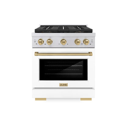 ZLINE Autograph Edition 30" 4.2 cu. ft. Paramount Dual Fuel Range with 4 Burner DuoPro™ Cooktop and Electric Convection Oven in Stainless Steel with White Matte Door and Champagne Bronze Accents, PSDRZ-WM-30-CB