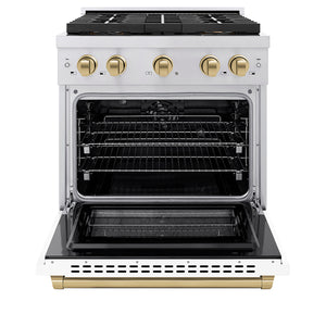 ZLINE Autograph Edition 30" 4.2 cu. ft. Paramount Dual Fuel Range with 4 Burner DuoPro™ Cooktop and Electric Convection Oven in Stainless Steel with White Matte Door and Champagne Bronze Accents, PSDRZ-WM-30-CB