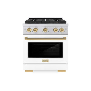 ZLINE Autograph Edition 30" 4.2 cu. ft. Paramount Dual Fuel Range with 4 Burner DuoPro™ Cooktop and Electric Convection Oven in Stainless Steel with White Matte Door and Polished Gold Accents, PSDRZ-WM-30-G