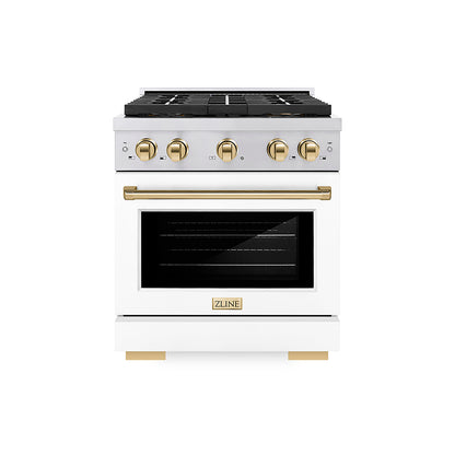 ZLINE Autograph Edition 30" 4.2 cu. ft. Paramount Dual Fuel Range with 4 Burner DuoPro™ Cooktop and Electric Convection Oven in Stainless Steel with White Matte Door and Polished Gold Accents, PSDRZ-WM-30-G