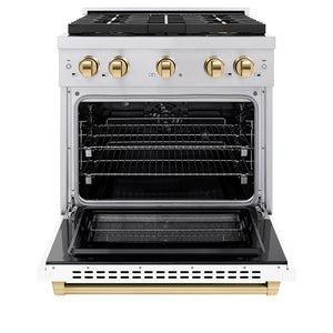 ZLINE Autograph Edition 30" 4.2 cu. ft. Paramount Dual Fuel Range with 4 Burner DuoPro™ Cooktop and Electric Convection Oven in Stainless Steel with White Matte Door and Polished Gold Accents, PSDRZ-WM-30-G