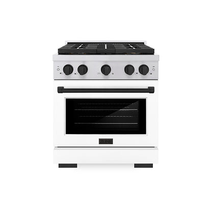 ZLINE Autograph Edition 30" 4.2 cu. ft. Paramount Dual Fuel Range with 4 Burner DuoPro™ Cooktop and Electric Convection Oven in Stainless Steel with White Matte Door and Matte Black Accents, PSDRZ-WM-30-MB