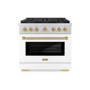 ZLINE Autograph 36" 5.2 cu. ft. Paramount Dual Fuel Range with 6 Burner DuoPro™ Cooktop and Electric Convection Oven with White Matte Door and Champagne Bronze Accents, PSDRZ-WM-36-CB