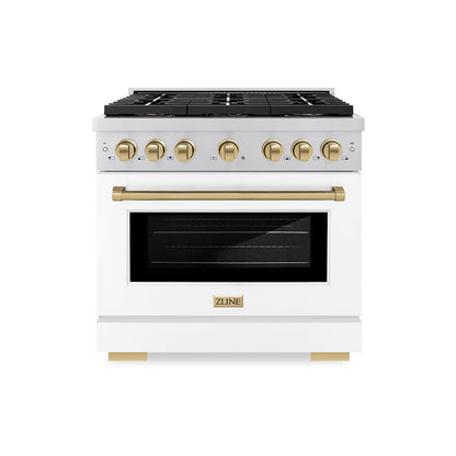 ZLINE Autograph 36" 5.2 cu. ft. Paramount Dual Fuel Range with 6 Burner DuoPro™ Cooktop and Electric Convection Oven with White Matte Door and Champagne Bronze Accents, PSDRZ-WM-36-CB