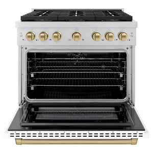 ZLINE Autograph 36" 5.2 cu. ft. Paramount Dual Fuel Range with 6 Burner DuoPro™ Cooktop and Electric Convection Oven with White Matte Door and Champagne Bronze Accents, PSDRZ-WM-36-CB