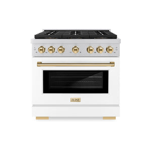 ZLINE Autograph 36" 5.2 cu. ft. Paramount Dual Fuel Range with 6 Burner DuoPro™ Cooktop and Electric Convection Oven with White Matte Door and Polished Gold Accents, PSDRZ-WM-36-G