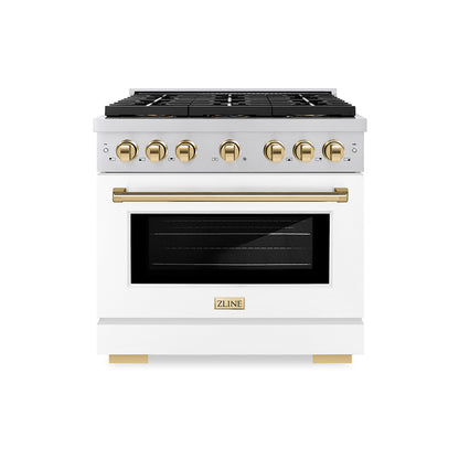 ZLINE Autograph 36" 5.2 cu. ft. Paramount Dual Fuel Range with 6 Burner DuoPro™ Cooktop and Electric Convection Oven with White Matte Door and Polished Gold Accents, PSDRZ-WM-36-G