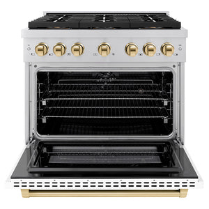 ZLINE Autograph 36" 5.2 cu. ft. Paramount Dual Fuel Range with 6 Burner DuoPro™ Cooktop and Electric Convection Oven with White Matte Door and Polished Gold Accents, PSDRZ-WM-36-G