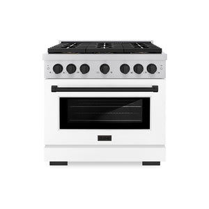 ZLINE Autograph 36" 5.2 cu. ft. Paramount Dual Fuel Range with 6 Burner DuoPro™ Cooktop and Electric Convection Oven with White Matte Door and Matte Black Accents, PSDRZ-WM-36-MB